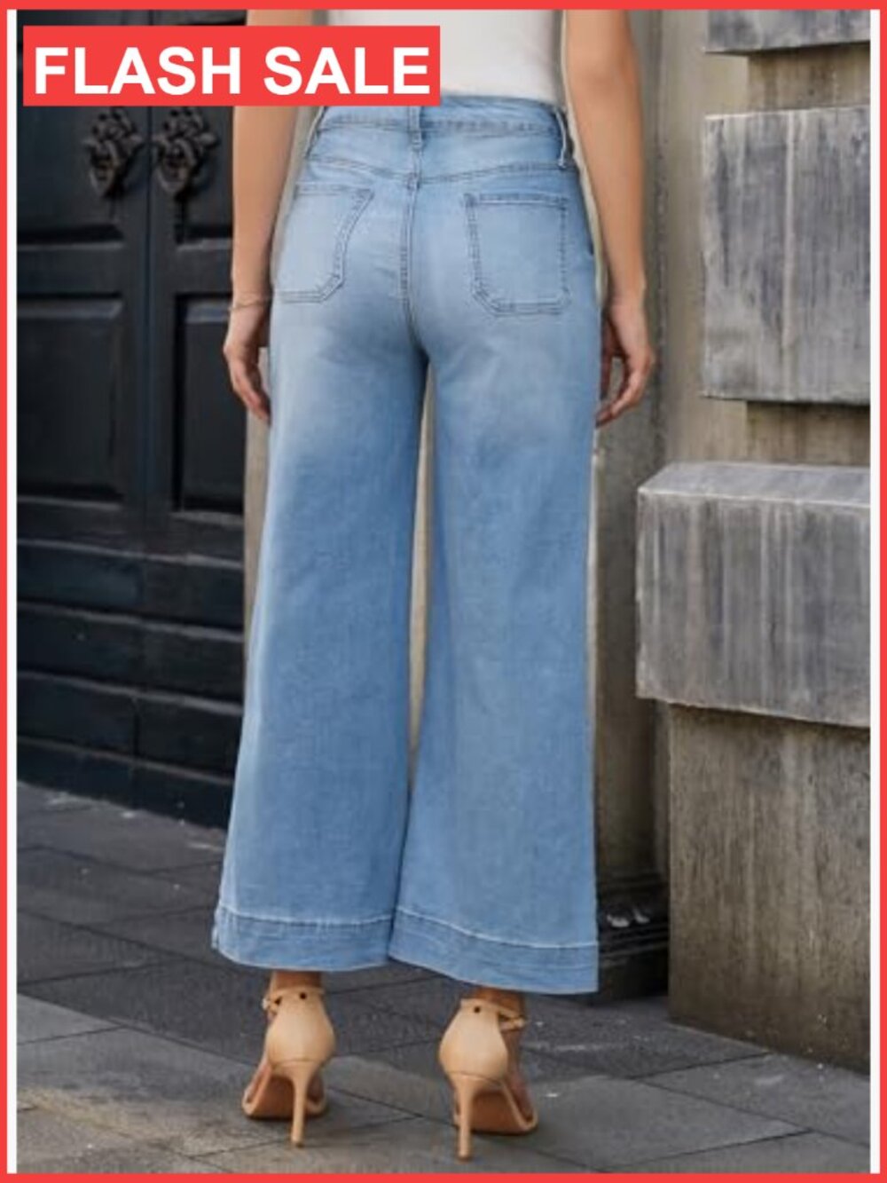 Stretchy Wide Leg High Waisted Jeans Tummy Control Cropped Ankle Denim Pants - Picture 5 of 7